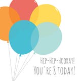 Balloon Hooray, a colourful happy 8th birthday card with balloons on a white background